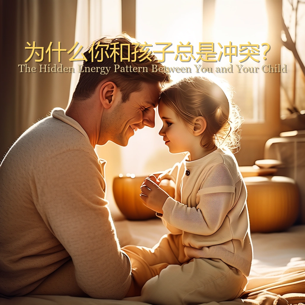 Warm parent-child moment with golden hour lighting, illustrating family relationship energy patterns and BaZi compatibility