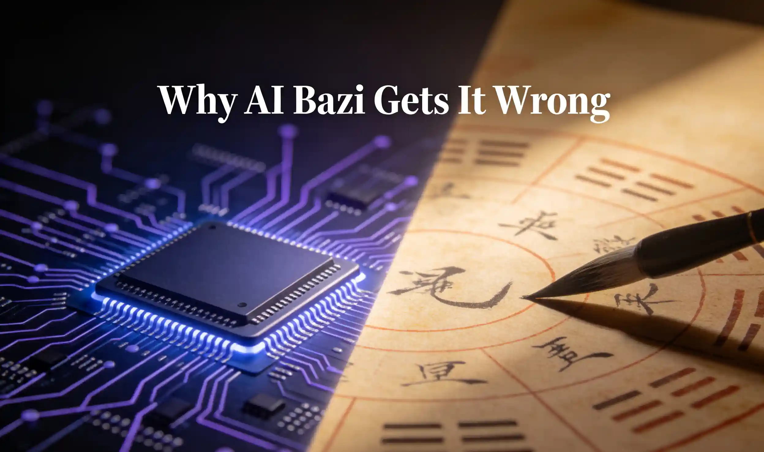 AI brain vs human fortune teller concept, digital vs traditional Bazi chart