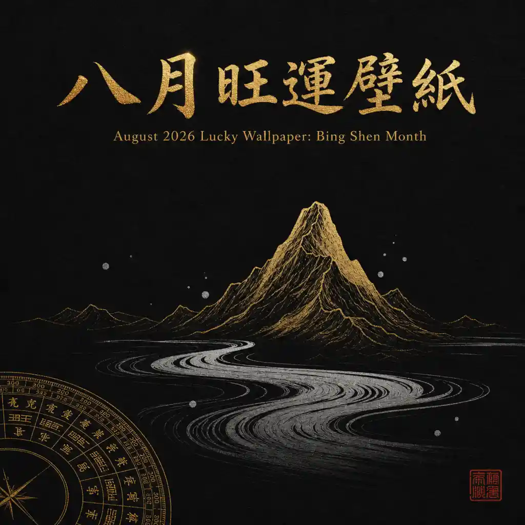Golden mountain and flowing water, metal-water feng shui wallpaper for Bing Shen month August 2026