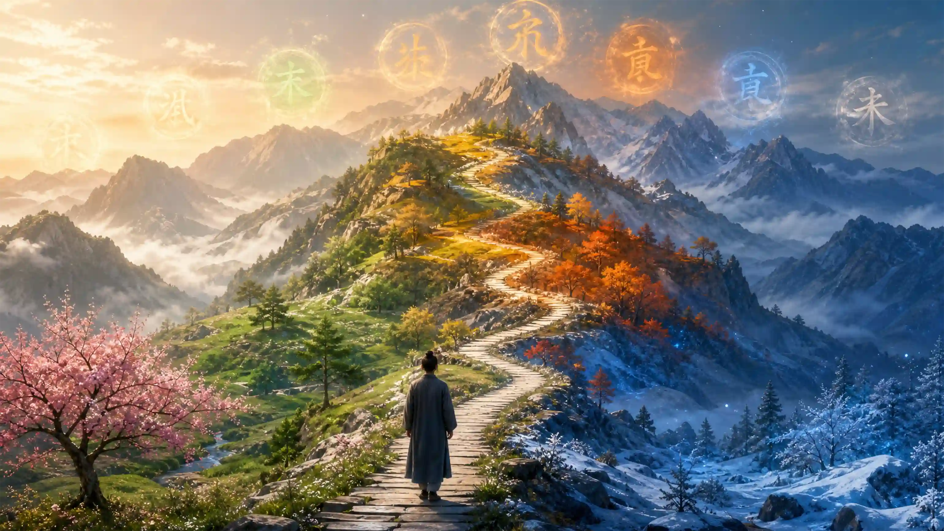 十根向上排列的金色柱子，每根散發不同五行顏色的光芒，深色背景，代表八字十年大運，電影級光線