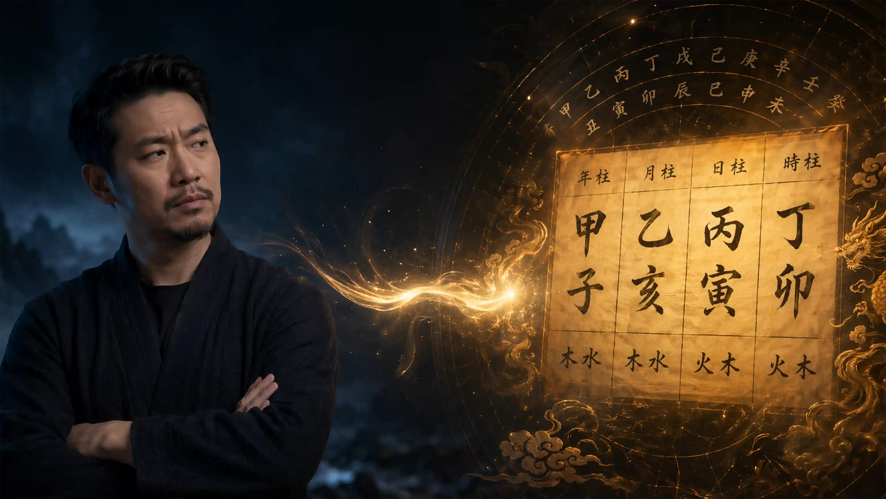 BaZi birth chart displayed on screen with magnifying glass, Is BaZi real skeptical analysis, Chinese astrology accuracy investigation, golden and navy color scheme
