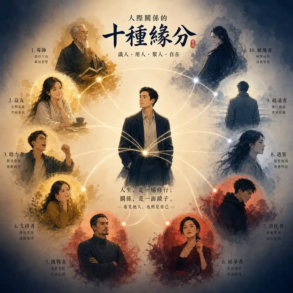 A warm illustration of five diverse figures around a circular BaZi chart with glowing elemental symbols — wood, fire, earth, metal, water — each connected by golden threads representing different friendship archetypes