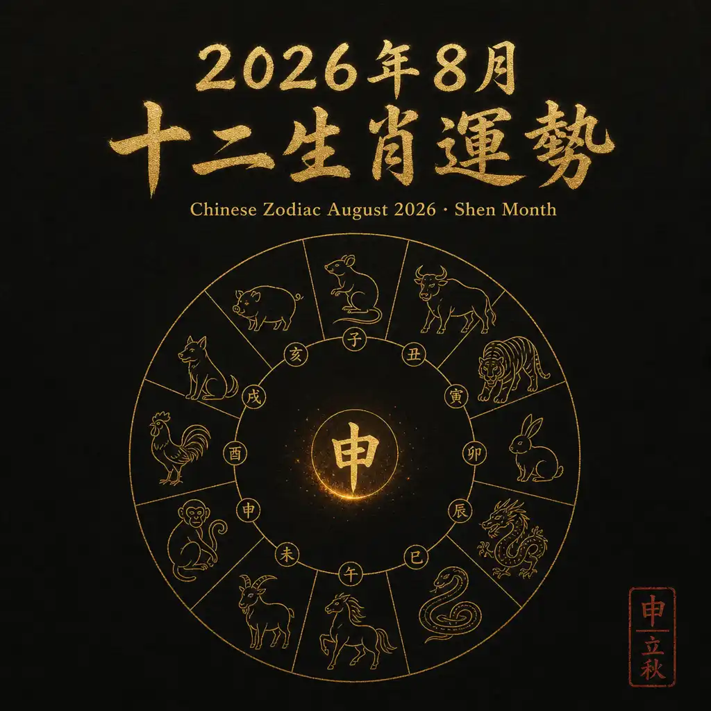 墨黑底襯十二生肖金色剪影,2026年8月申月運勢