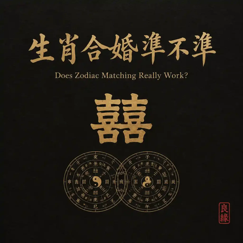 啞光黑底金色雙喜結與八字命盤,生肖合婚主題