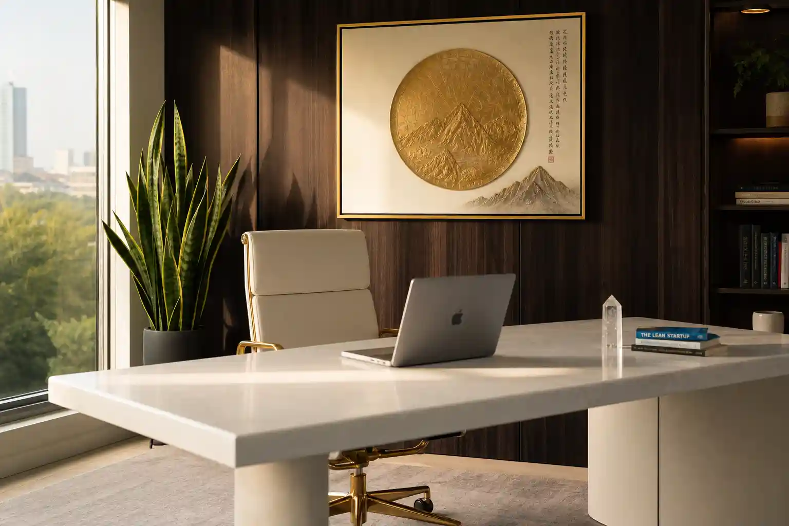 Office desk in command position with solid wall behind, feng shui career luck setup