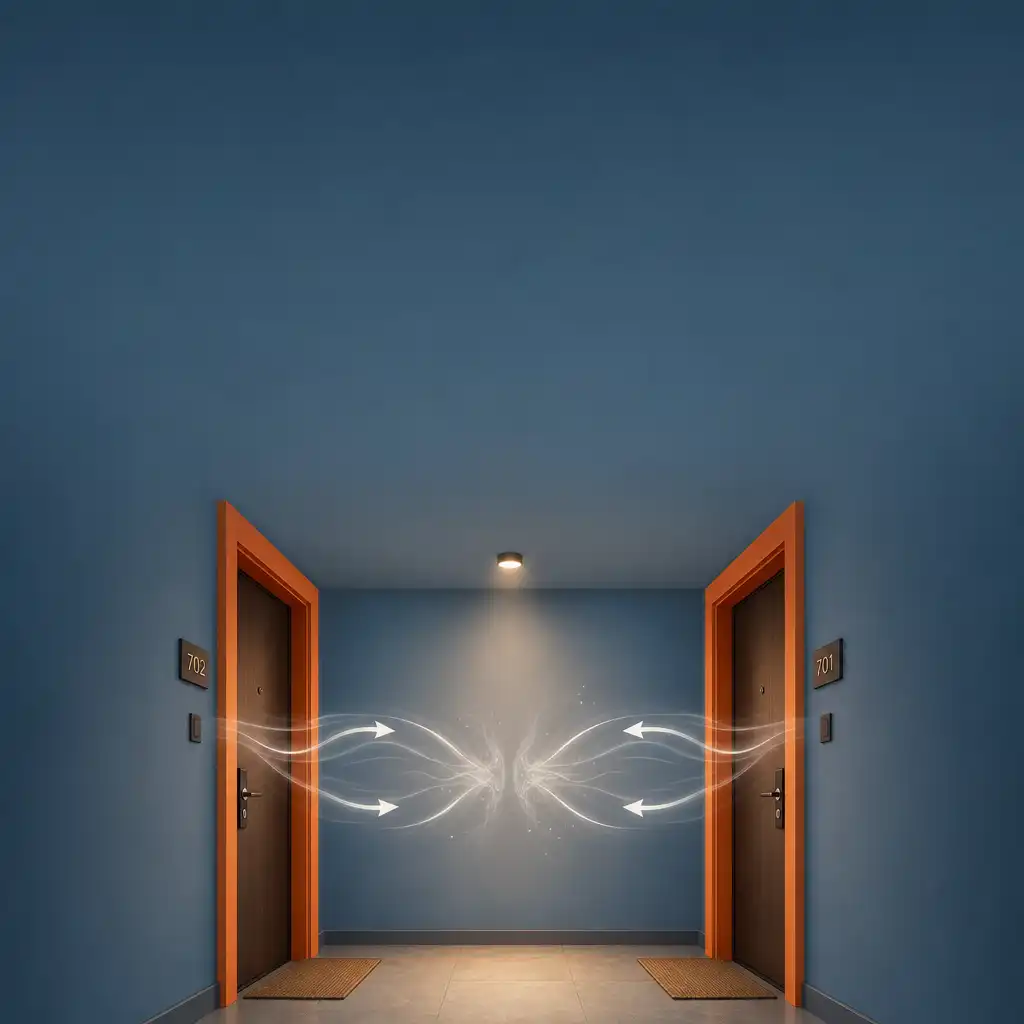 Two apartment doors facing each other in hallway with blue wall, feng shui energy clash illustration
