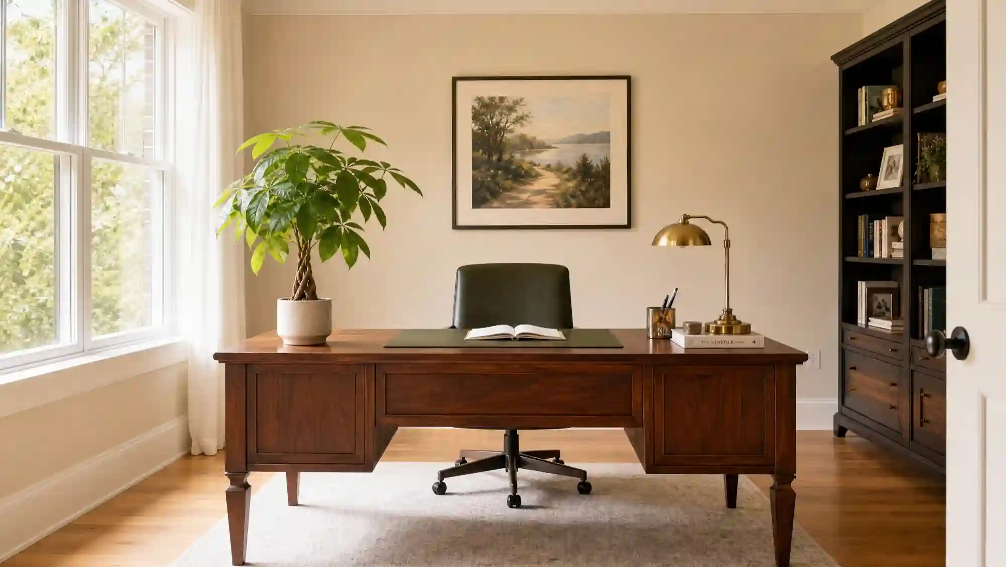Feng shui home office desk in commanding position with solid wall behind, Money Tree on left, golden light on dark background
