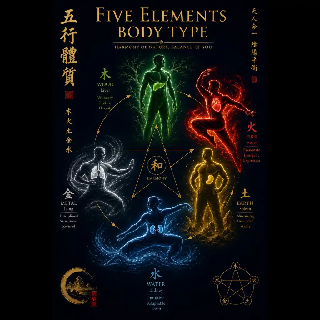 Five human silhouettes in Wood Fire Earth Metal Water poses with corresponding organs highlighted
