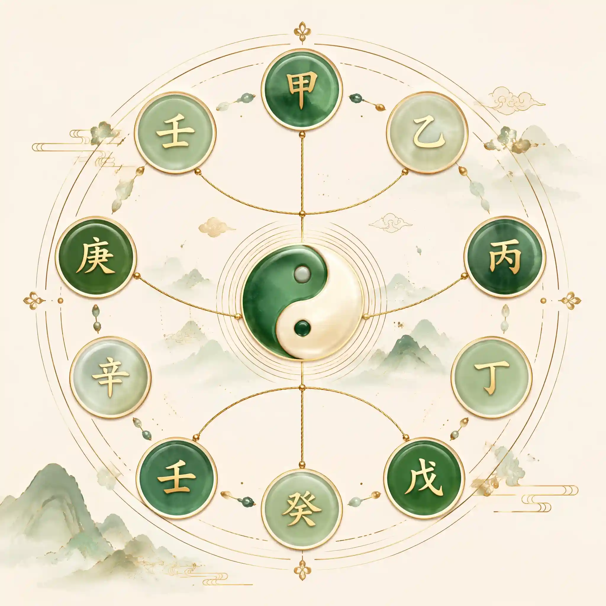 極簡風格的十天干姻緣配對輪盤插圖,連線標示最佳組合