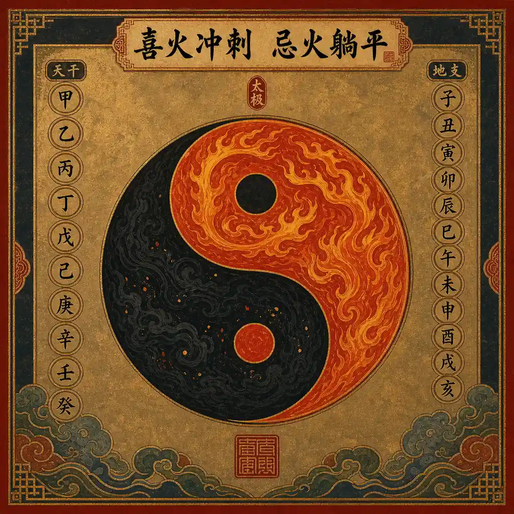 烈焰鳥居與青銅鼎，五行圓形排列，深藍底色，橙紅光暈