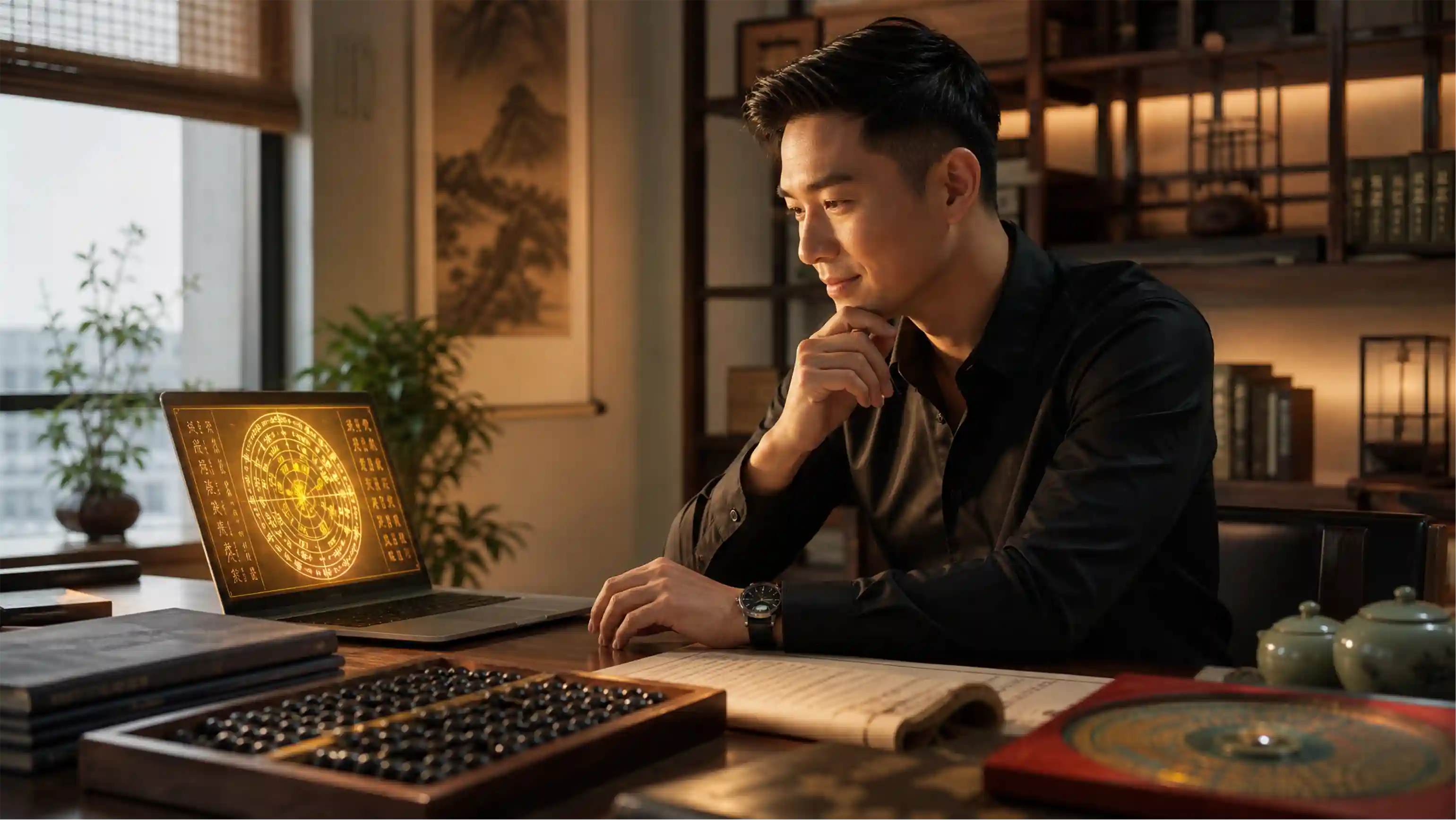 Person learning BaZi Four Pillars of Destiny on laptop, free online course, Chinese astrology self-study guide, warm golden light, desktop setup