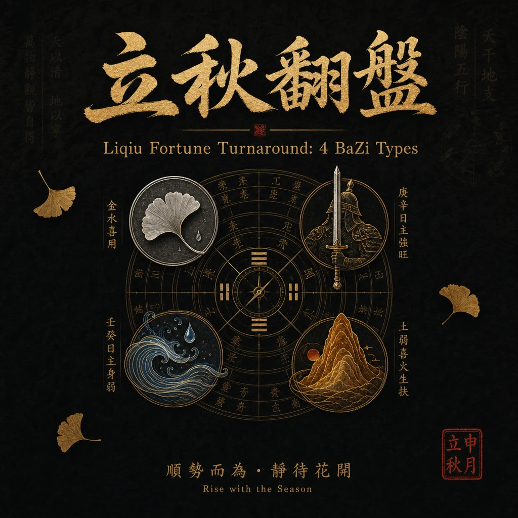 Dark luxury Chinese editorial cover: gold calligraphy title '立秋翻盤' with English subtitle, circular autumn luopan motif, four elemental symbols, red seal stamp