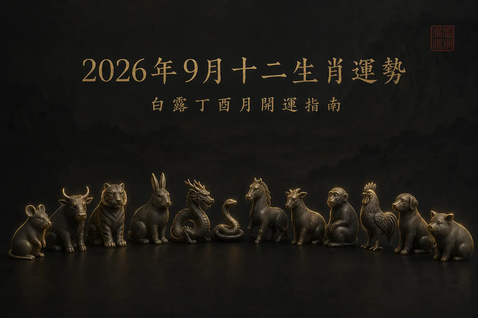 Twelve Chinese zodiac animal figurines on dark stone with gold brush script, September 2026 Bailu horoscope
