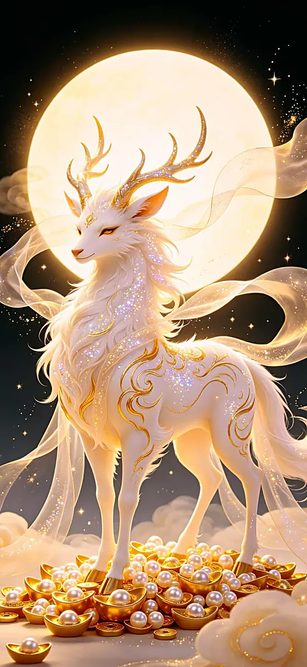 A majestic white deer with golden antlers and intricate gold patterns stands gracefully under a glowing moon, surround