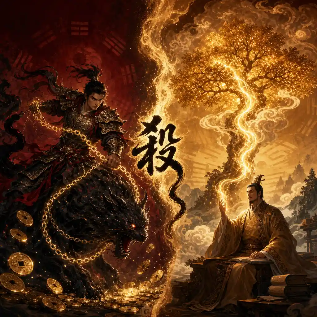 A dramatic illustration of a warrior figure standing atop a mountain of gold coins, with two diverging paths: one path leads to a blazing forge (controlling) and the other to a palace gate (transforming). Chinese character 杀 (Killings) glows in the sky above.