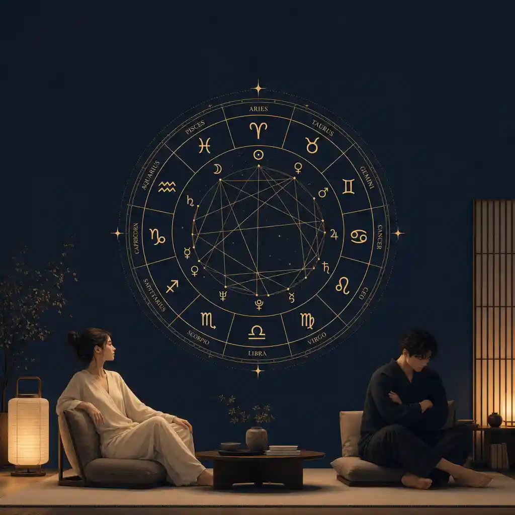 A serene illustration showing two silhouettes standing on opposite banks of a flowing river, one bathed in warm golden light and the other in cool blue shadow, with subtle Chinese Five Elements symbols floating between them